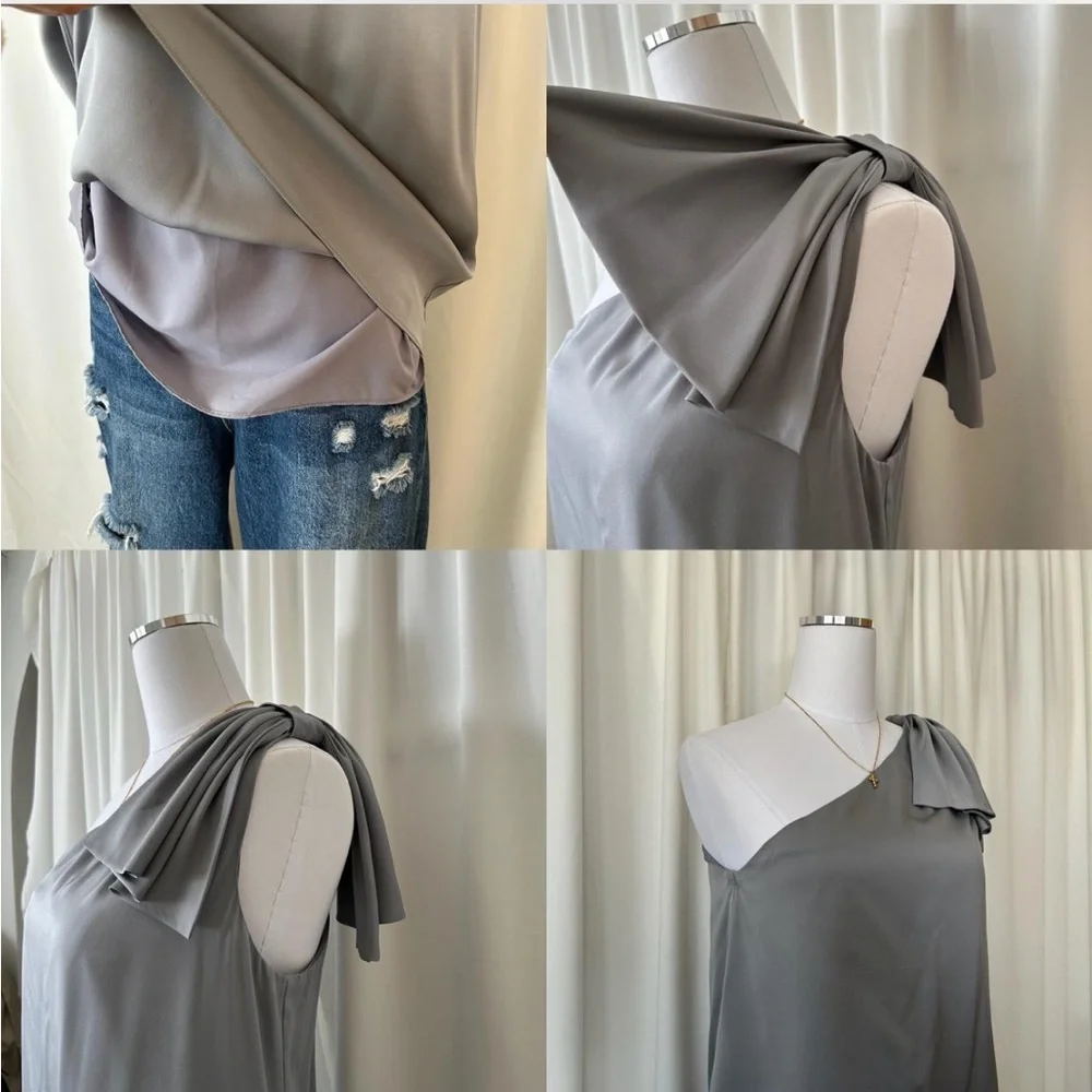 Milly Cindy One-Shoulder Stretch Silk Top in gray size Large. - Picture 10 of 14